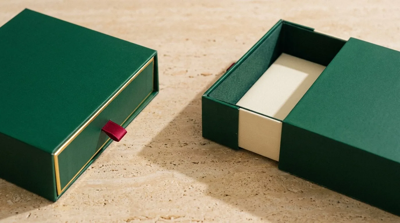 Custom Drawer Boxes, closed and open view in deep emerald green, bulk and wholesale with no minimum order
