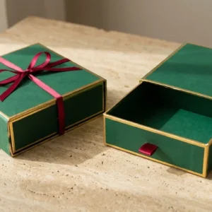 Custom Drawer Boxes, closed and open view in deep emerald green, bulk and wholesale with no minimum order
