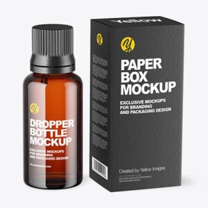 Custom dropper bottle box in black printed with foil detail, shown standing beside the dropper bottle.