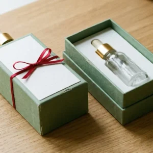 Custom Dropper Boxes Bottle, closed and open view in sage green, bulk and wholesale with no minimum order