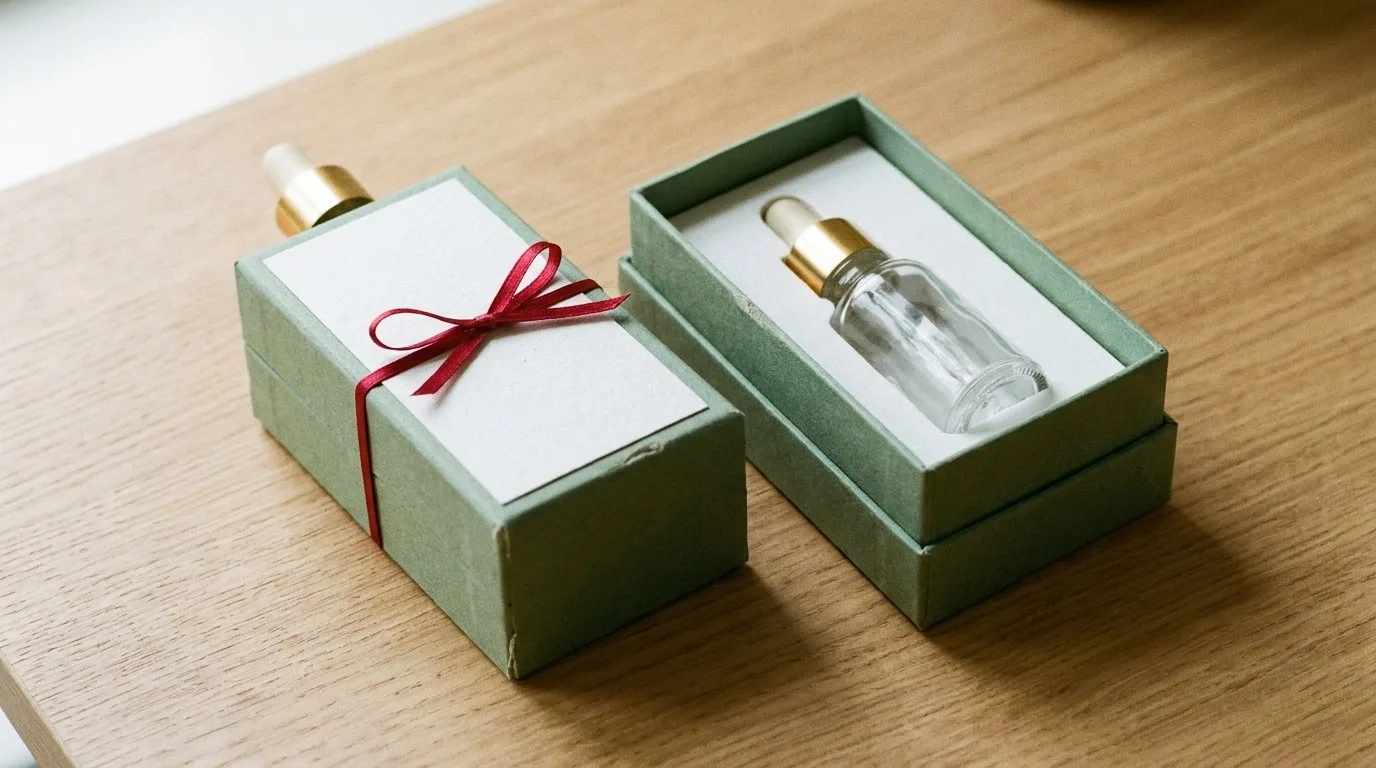 Custom Dropper Boxes Bottle, closed and open view in sage green, bulk and wholesale with no minimum order