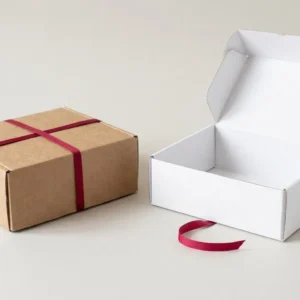 Custom Durable Boxes, closed and open view in natural kraft and white, bulk and wholesale with no minimum order