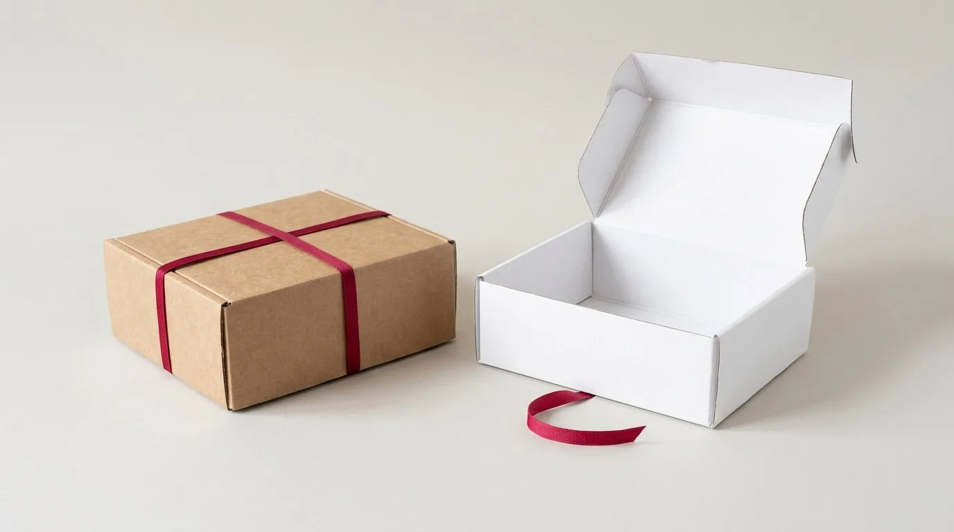 Custom Durable Boxes, closed and open view in natural kraft and white, bulk and wholesale with no minimum order