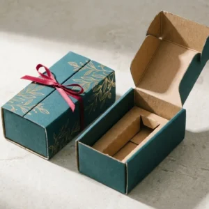 Custom E Liquid Boxes, closed and open view in deep teal, bulk and wholesale with no minimum order