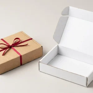 Custom Ear Lock Mailer Boxes, closed and open view in natural kraft and white, bulk and wholesale with no minimum order