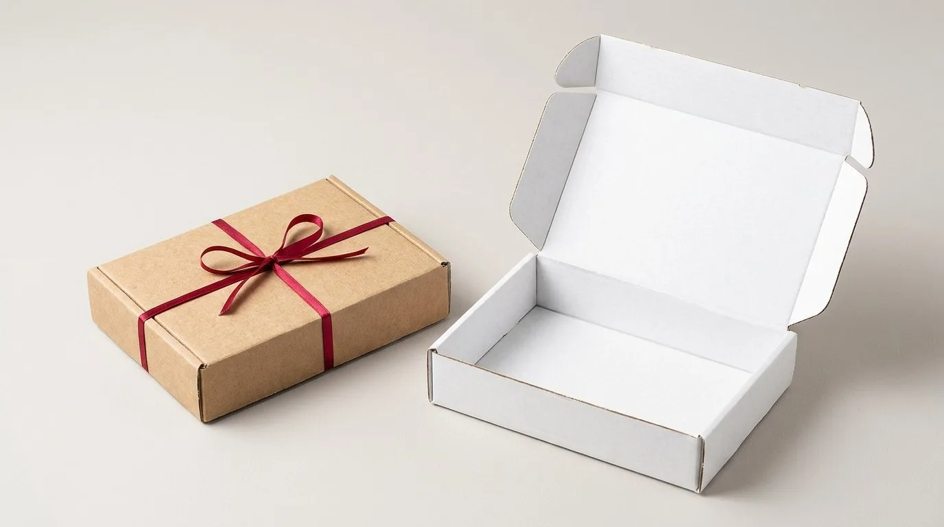 Custom Ear Lock Mailer Boxes, closed and open view in natural kraft and white, bulk and wholesale with no minimum order