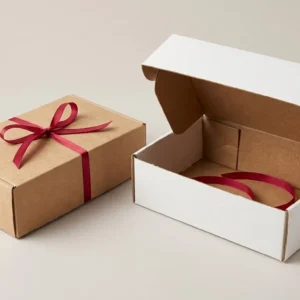 Custom Eco-Friendly Boxes, closed and open view in natural kraft and white, bulk and wholesale with no minimum order