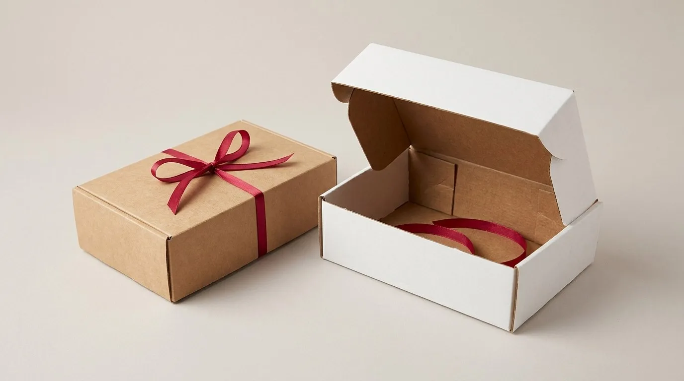 Custom Eco-Friendly Boxes, closed and open view in natural kraft and white, bulk and wholesale with no minimum order
