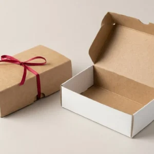 Custom Eco-friendly Kraft Boxes, closed and open view in natural kraft and white, bulk and wholesale with no minimum order
