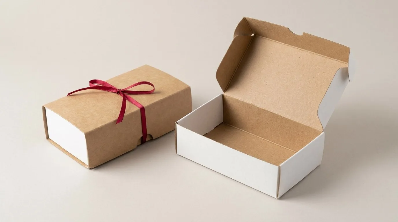 Custom Eco-friendly Kraft Boxes, closed and open view in natural kraft and white, bulk and wholesale with no minimum order