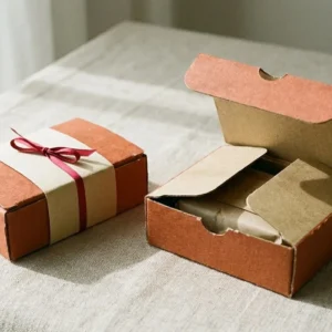 Custom Eco-Friendly Soap Boxes, closed and open view in warm terracotta, bulk and wholesale with no minimum order