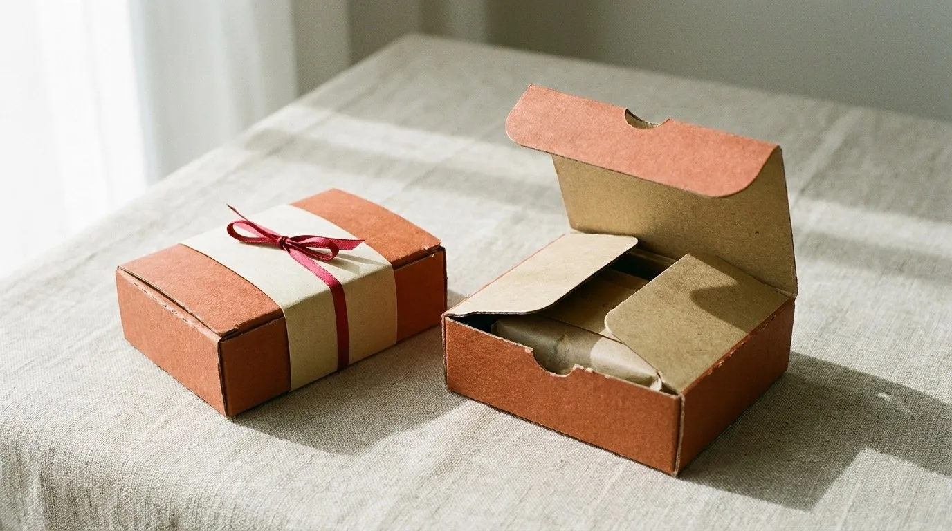 Custom Eco-Friendly Soap Boxes, closed and open view in warm terracotta, bulk and wholesale with no minimum order