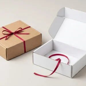Custom Ecommerce Boxes, closed and open view in natural kraft and white, bulk and wholesale with no minimum order