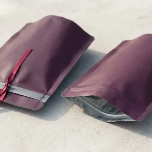 Custom Edible Mylar Bags, closed and open view in deep plum, bulk and wholesale with no minimum order