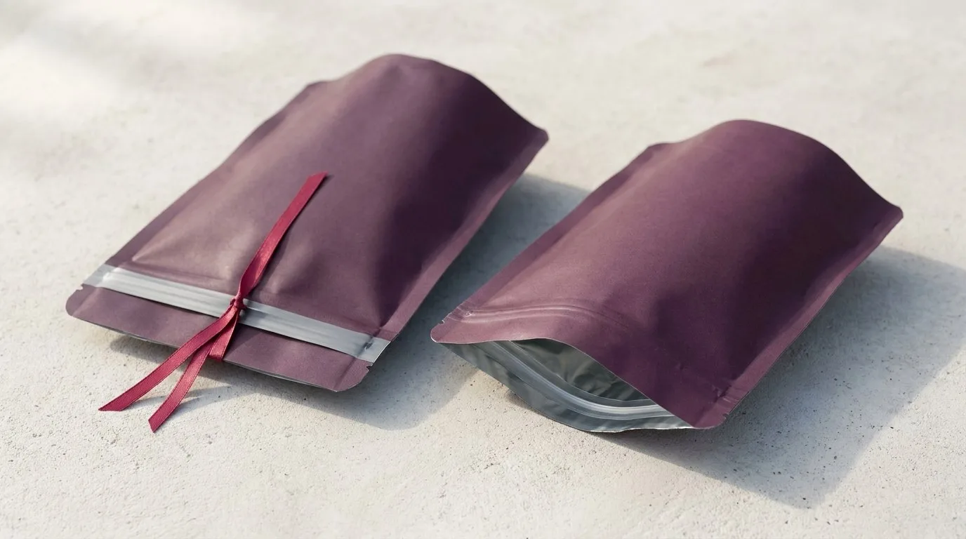 Custom Edible Mylar Bags, closed and open view in deep plum, bulk and wholesale with no minimum order