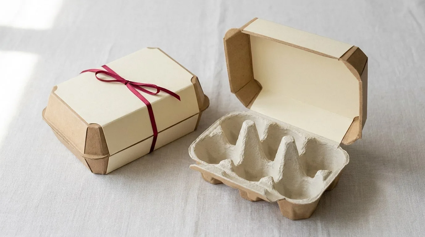 Custom Egg Carton, closed and open view in butter cream, bulk and wholesale with no minimum order