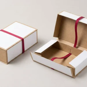 Custom Electronics Packaging, closed and open view in natural kraft and white, bulk and wholesale with no minimum order