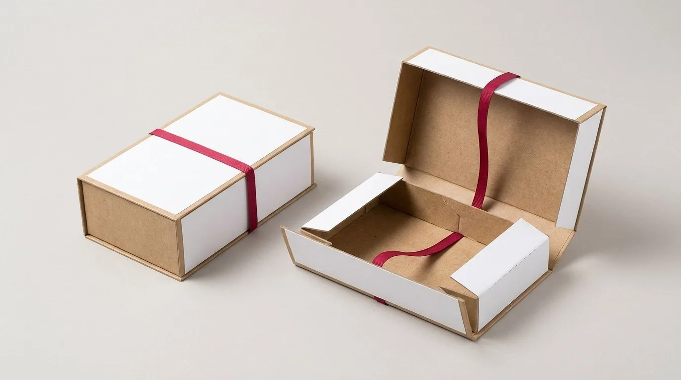 Custom Electronics Packaging, closed and open view in natural kraft and white, bulk and wholesale with no minimum order