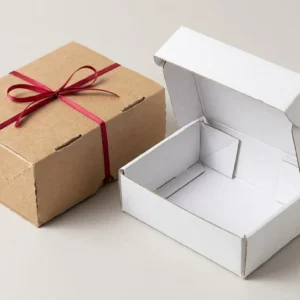 Custom Essential Boxes, closed and open view in natural kraft and white, bulk and wholesale with no minimum order