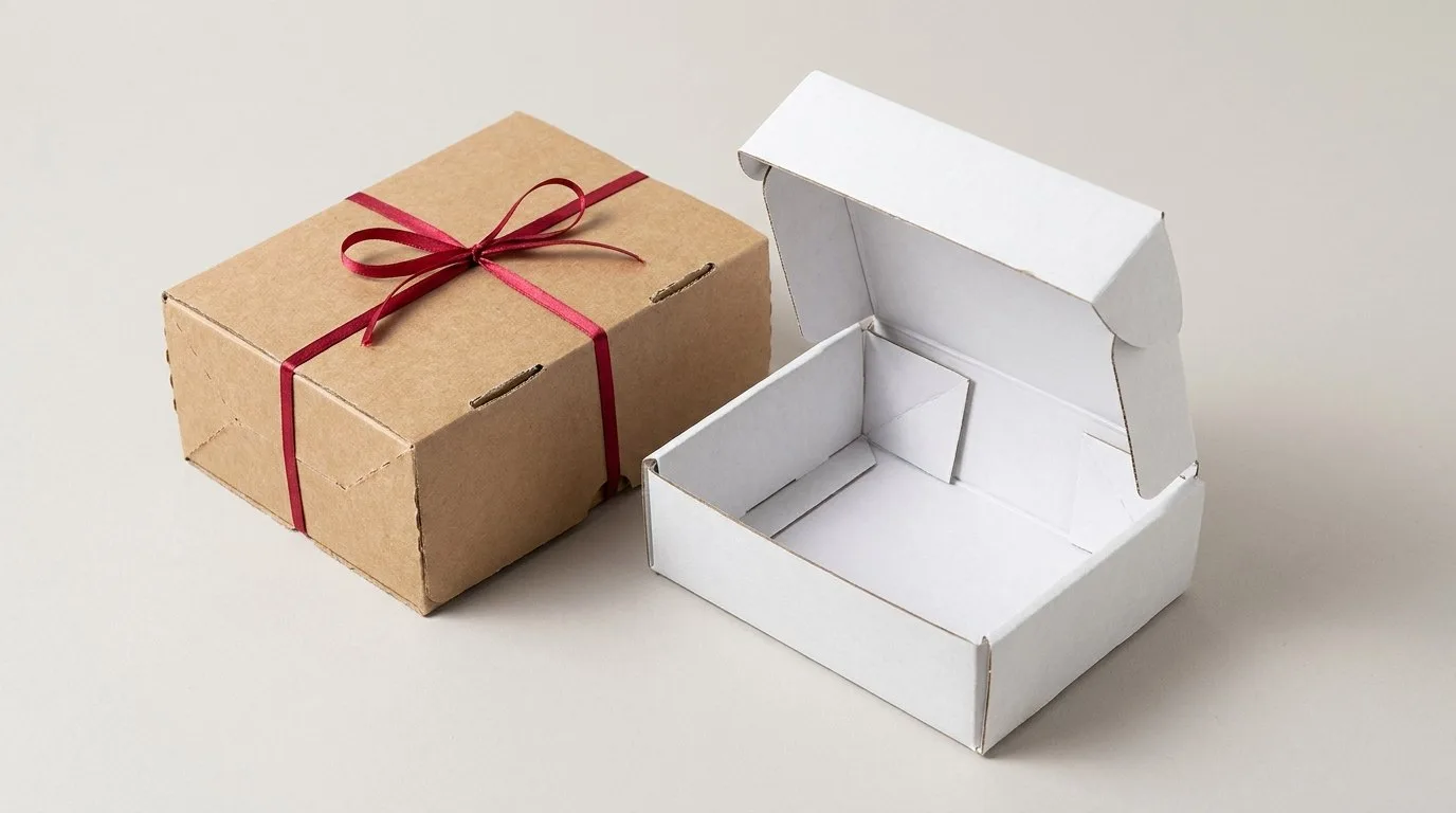 Custom Essential Boxes, closed and open view in natural kraft and white, bulk and wholesale with no minimum order