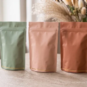 Three custom exotic mylar bags in sage, blush and clay with a soft matte finish, each a stand up pouch with a resealable zipper and a gold foil line along the base.