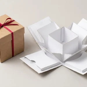 Custom Explosion Boxes, closed and open view in natural kraft and white, bulk and wholesale with no minimum order