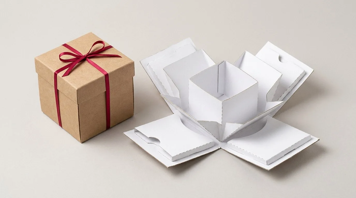 Custom Explosion Boxes, closed and open view in natural kraft and white, bulk and wholesale with no minimum order