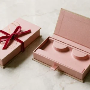 Custom Eyelash Packaging, closed and open view in soft blush pink, bulk and wholesale with no minimum order