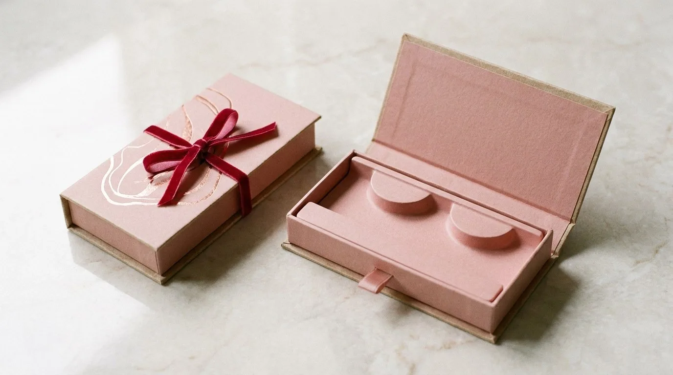 Custom Eyelash Packaging, closed and open view in soft blush pink, bulk and wholesale with no minimum order