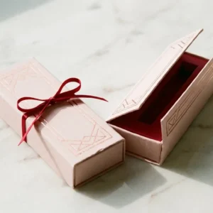 Custom Eyeliner Boxes, closed and open view in soft blush pink, bulk and wholesale with no minimum order