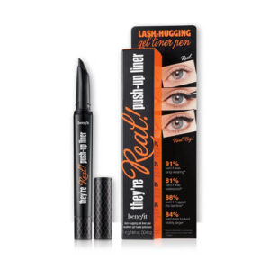 Custom eyeliner boxes in black printed with bold product graphics, shown with the eyeliners beside them.