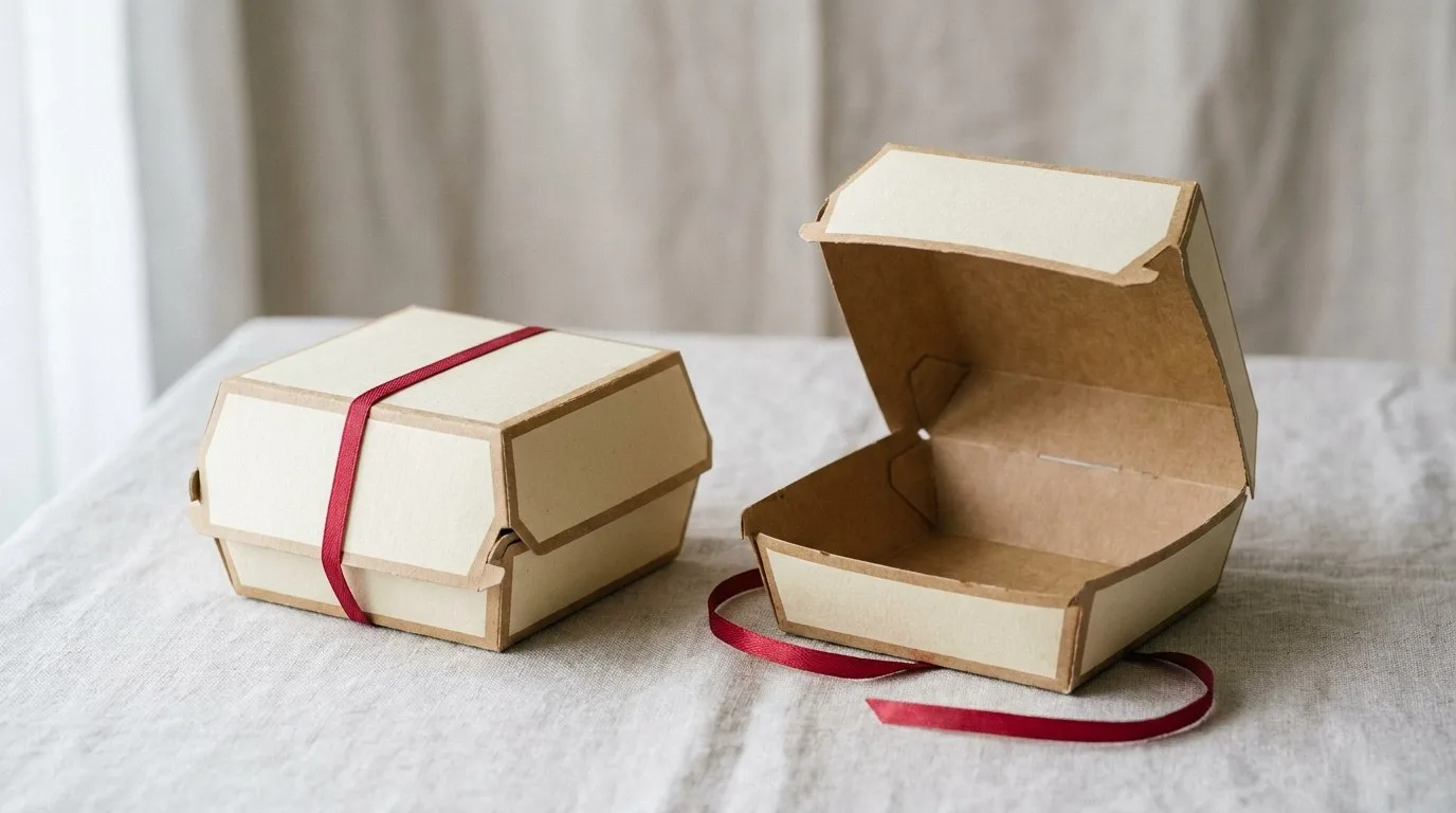 Custom Fast Food Boxes, closed and open view in butter cream, bulk and wholesale with no minimum order
