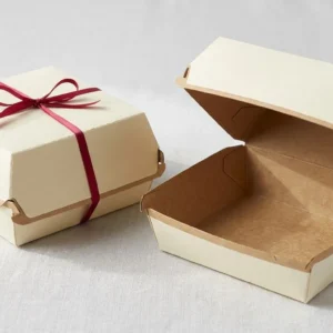 Custom Fast Food Takeout Boxes, closed and open view in butter cream, bulk and wholesale with no minimum order