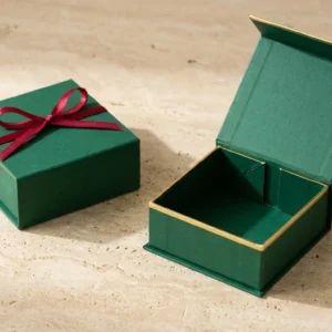 Custom Favor Boxes, closed and open view in deep emerald green, bulk and wholesale with no minimum order