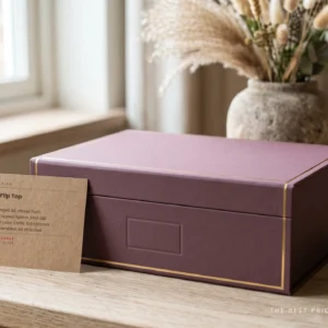 Custom flip top box in muted plum with a brass foil edge line and a lid hinged at the back, next to a kraft spec card listing board, print and shipping options.