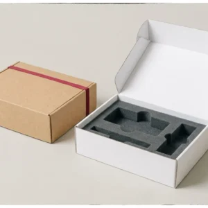 Custom Foam Inserts, closed and open view in natural kraft and white, bulk and wholesale with no minimum order
