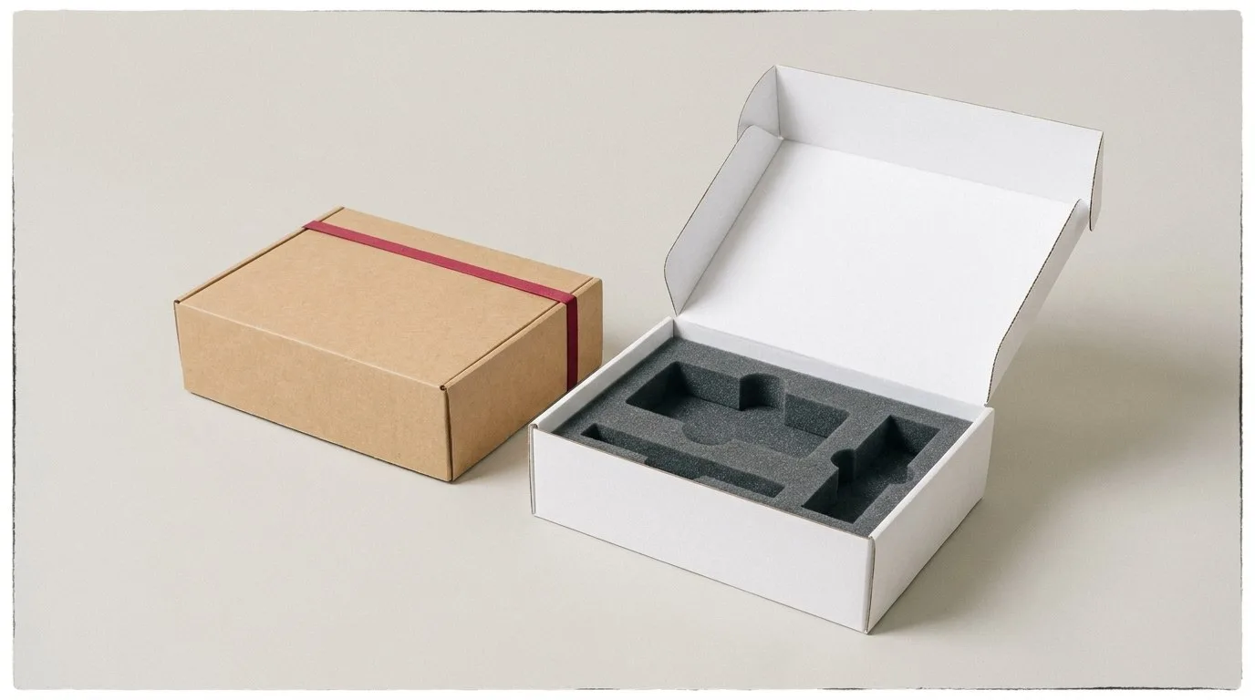 Custom Foam Inserts, closed and open view in natural kraft and white, bulk and wholesale with no minimum order