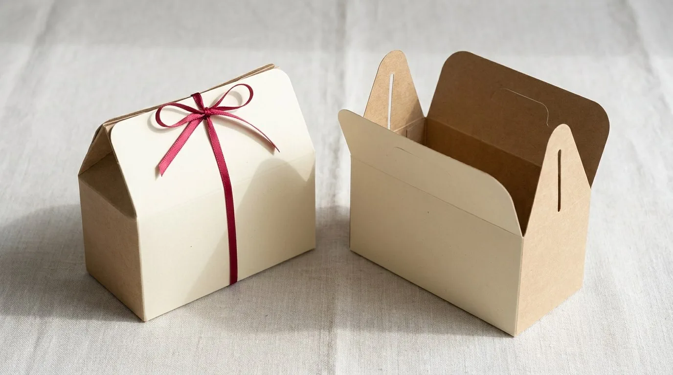 Custom Food Gable Boxes, closed and open view in butter cream, bulk and wholesale with no minimum order