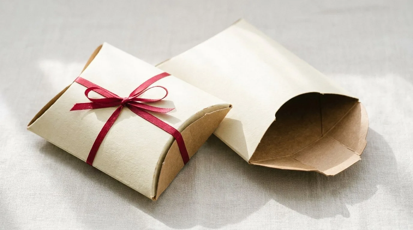 Custom Food Pillow Boxes, closed and open view in butter cream, bulk and wholesale with no minimum order
