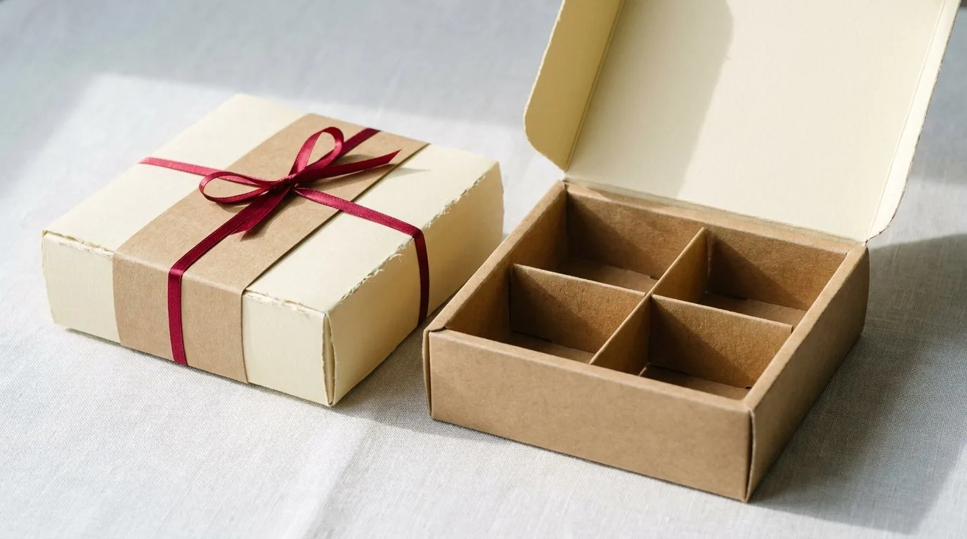 Custom Food Subscription Boxes, closed and open view in butter cream, bulk and wholesale with no minimum order