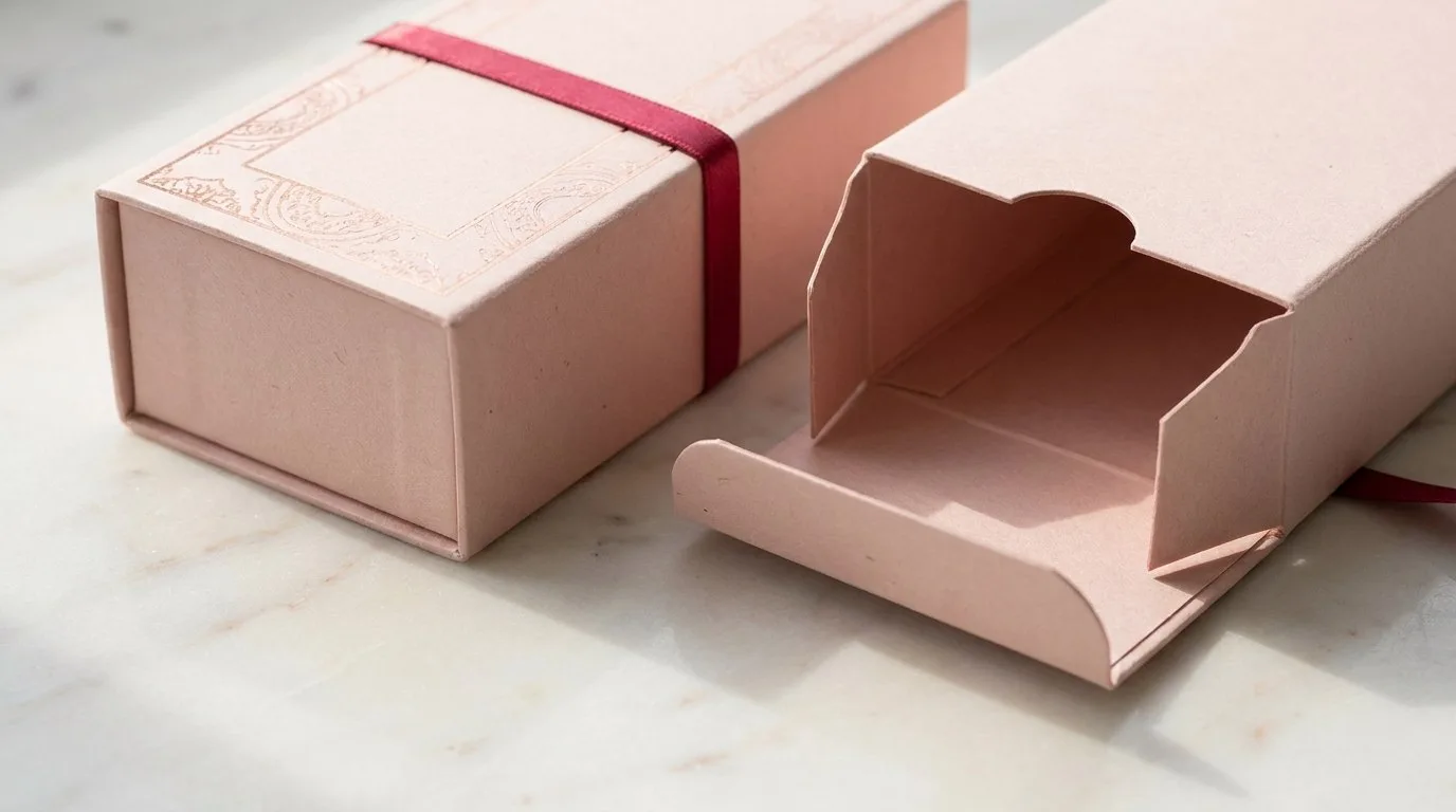 Custom Foundation Boxes, closed and open view in soft blush pink, bulk and wholesale with no minimum order