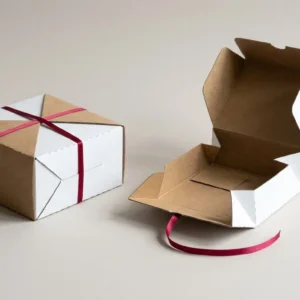 Custom Four Corner Health Packaging, closed and open view in natural kraft and white, bulk and wholesale with no minimum order