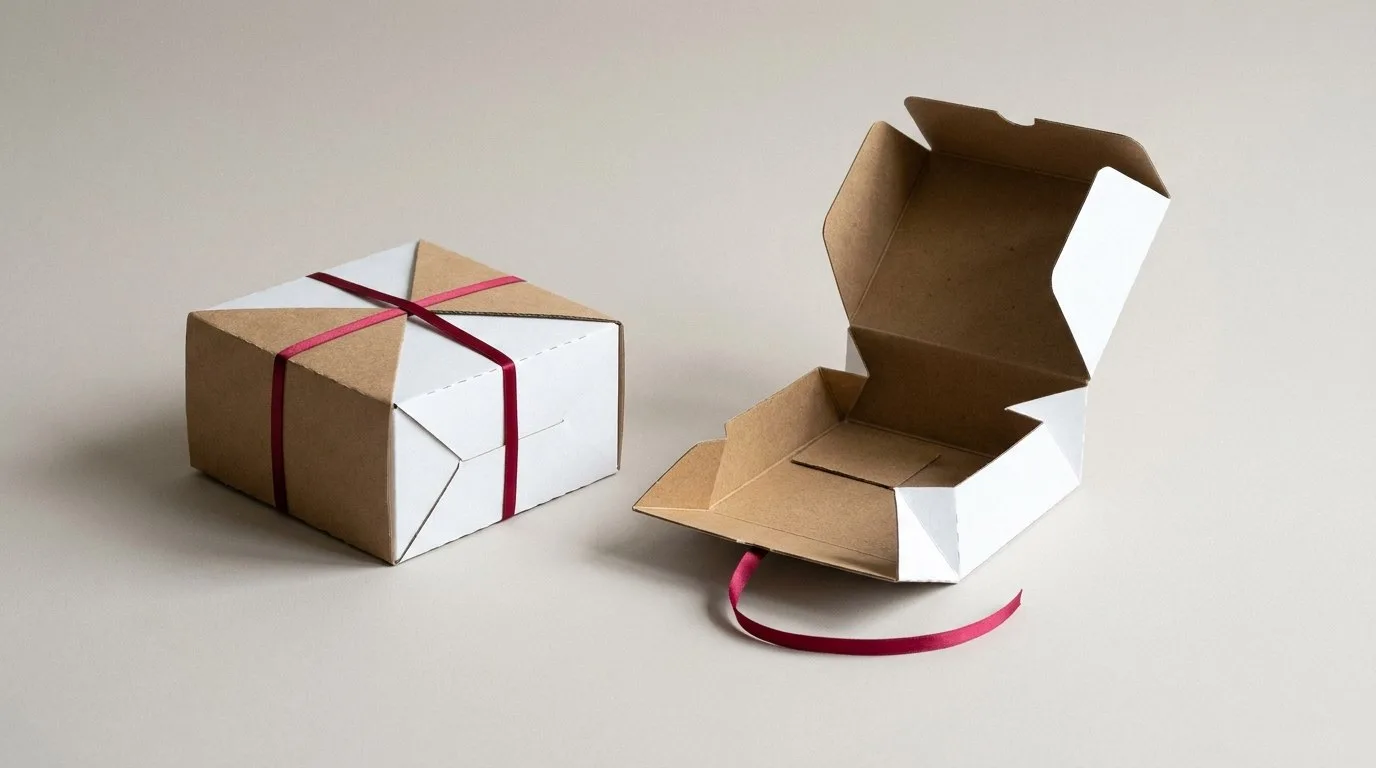 Custom Four Corner Health Packaging, closed and open view in natural kraft and white, bulk and wholesale with no minimum order