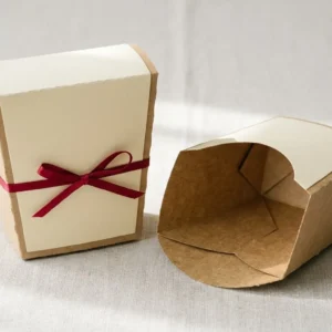 Custom French Fries Containers & packaging, closed and open view in butter cream, bulk and wholesale with no minimum order
