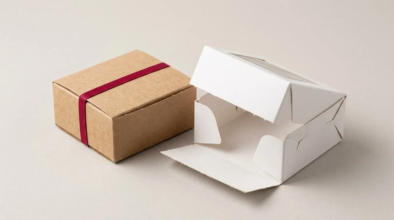 Custom Fudge Boxes, closed and open view in natural kraft and white, bulk and wholesale with no minimum order