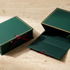 Custom Gift Bags, closed and open view in deep emerald green, bulk and wholesale with no minimum order