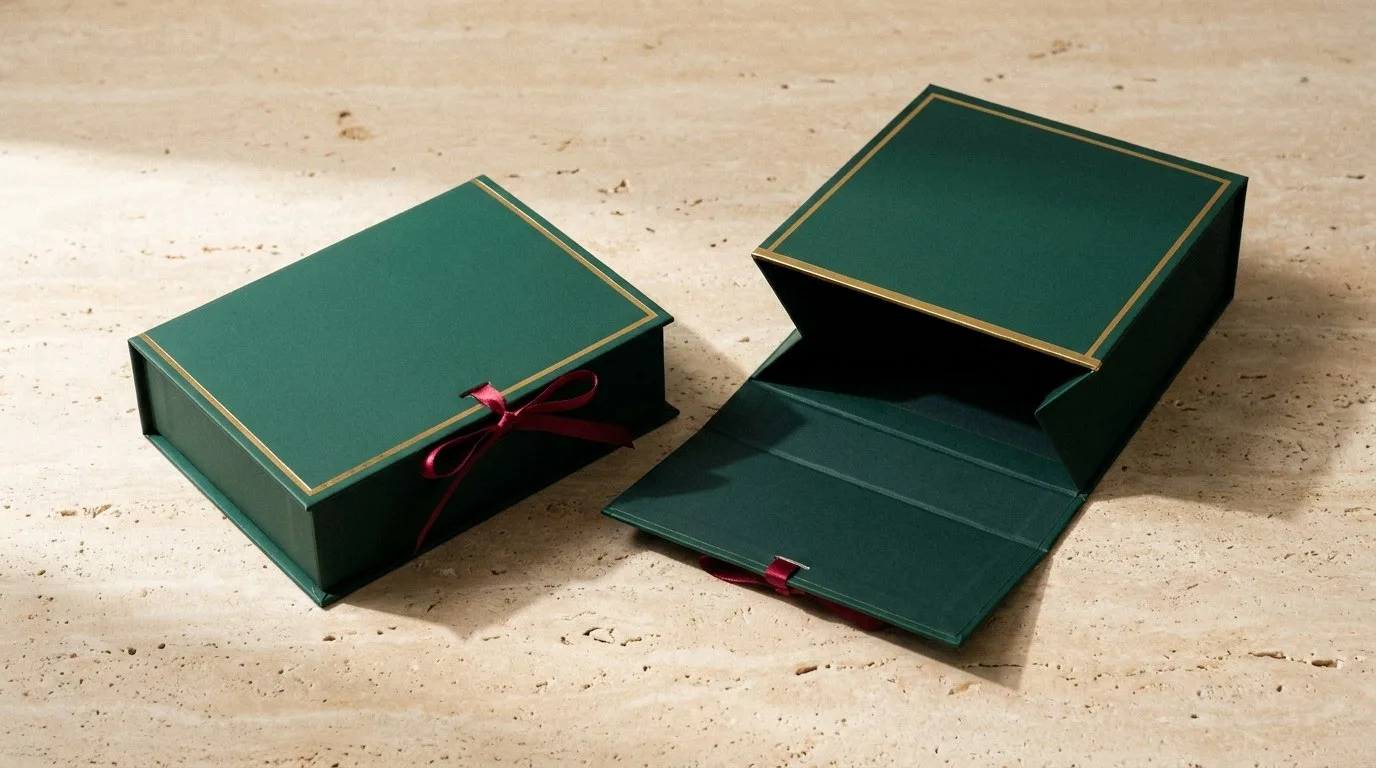 Custom Gift Bags, closed and open view in deep emerald green, bulk and wholesale with no minimum order