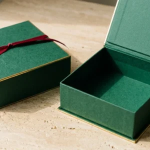 Custom Gift Card Boxes, closed and open view in deep emerald green, bulk and wholesale with no minimum order