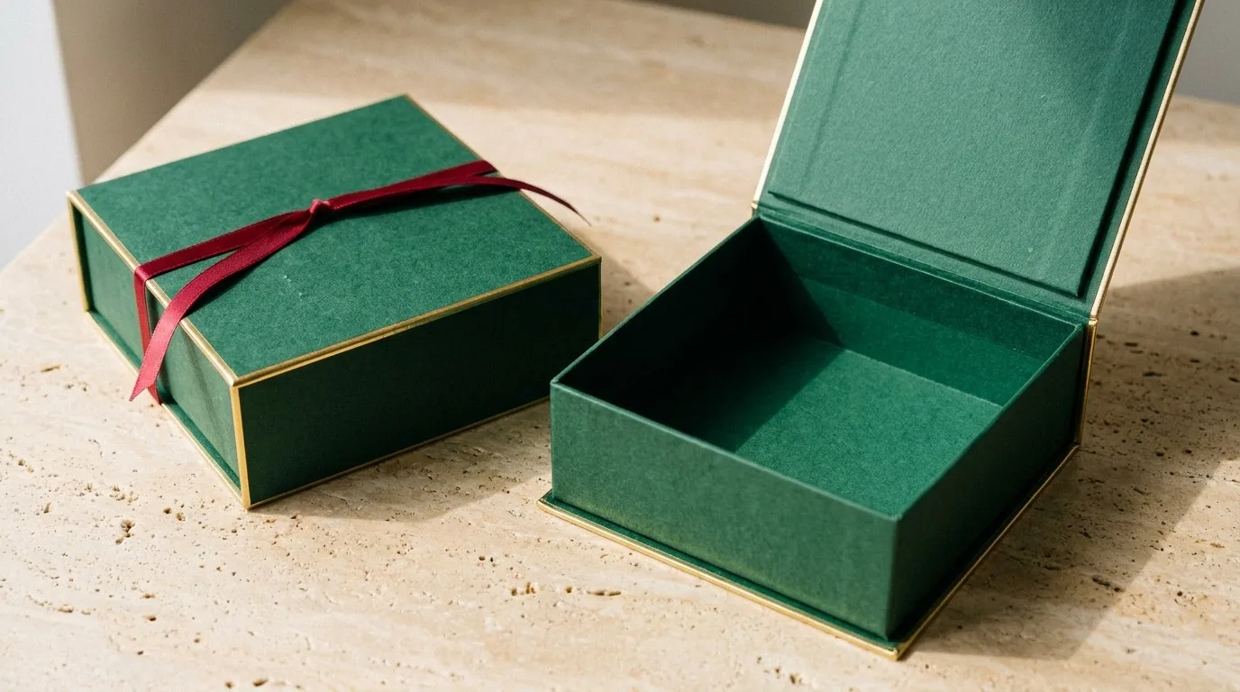 Custom Gift Card Boxes, closed and open view in deep emerald green, bulk and wholesale with no minimum order