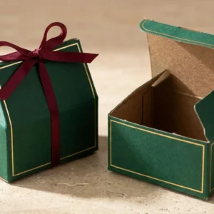 Custom Gift Gable Boxes, closed and open view in deep emerald green, bulk and wholesale with no minimum order